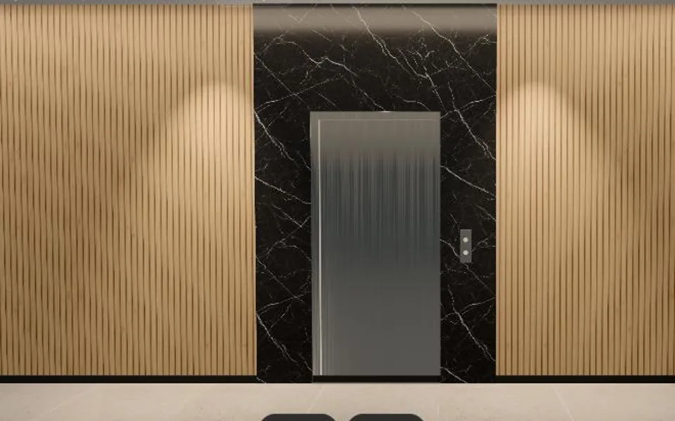 Elevator door with telescopic panels open, showing the cabin