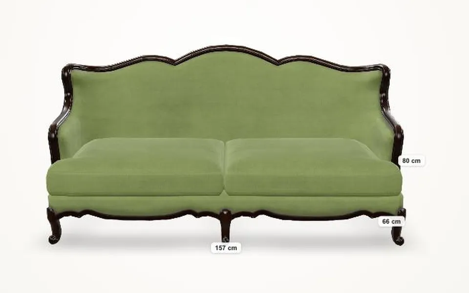 Sofa in olive green with its dimensions shown on the model