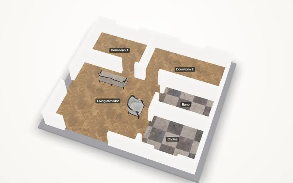 Apartment scale model seen from above with herringbone floors